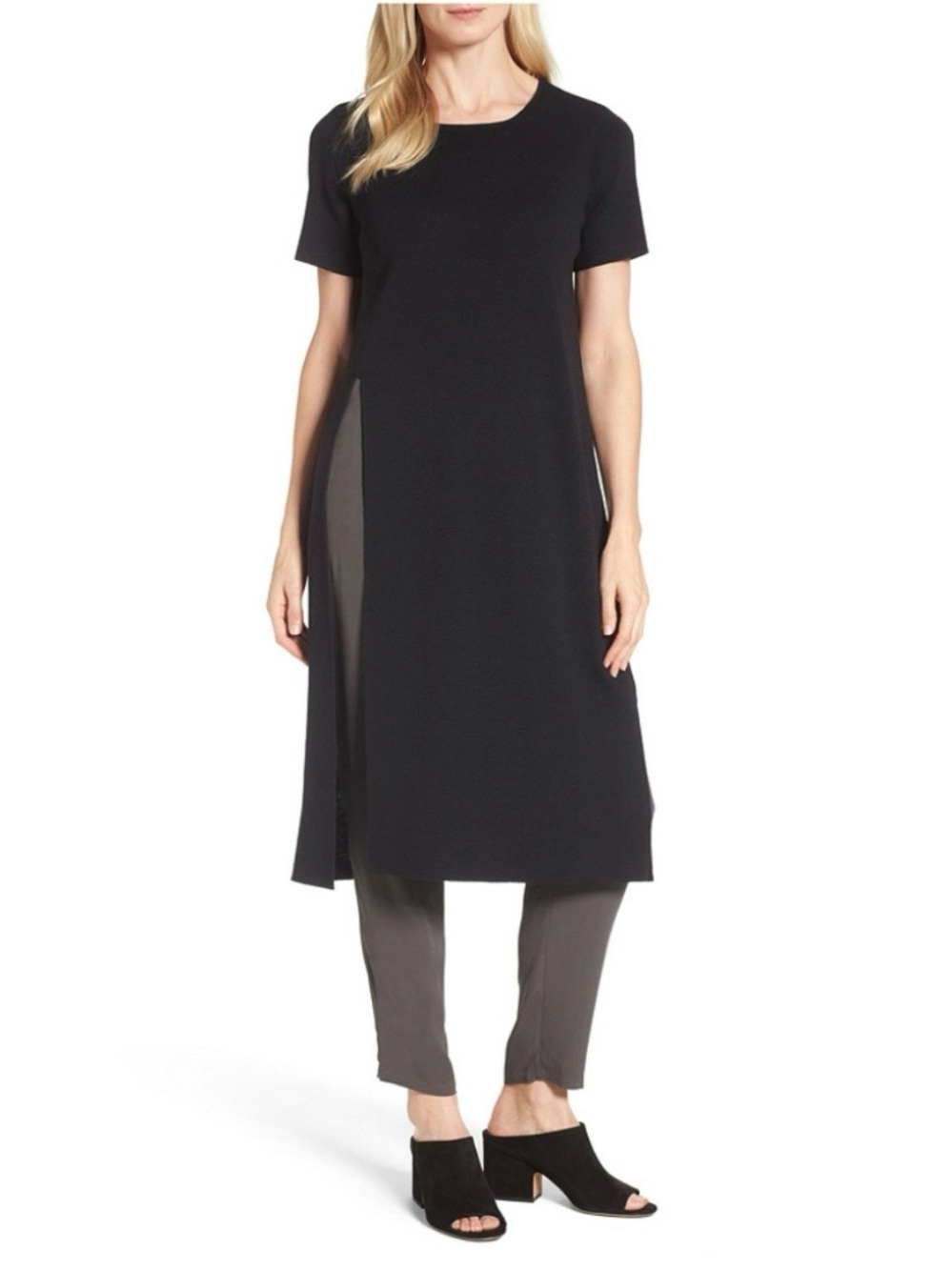 Eileen Fisher Black 100% Wool Sweater Knit High Slit Long Tunic Top Womens Large